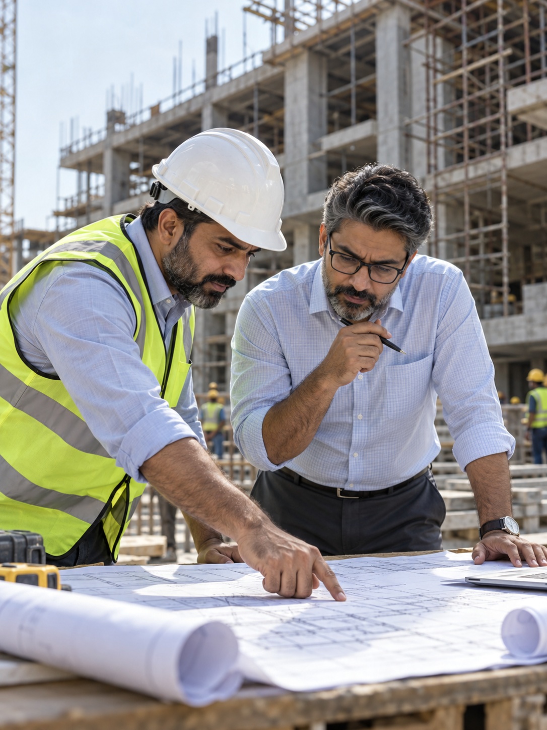 Construction managers reviewing project plans
