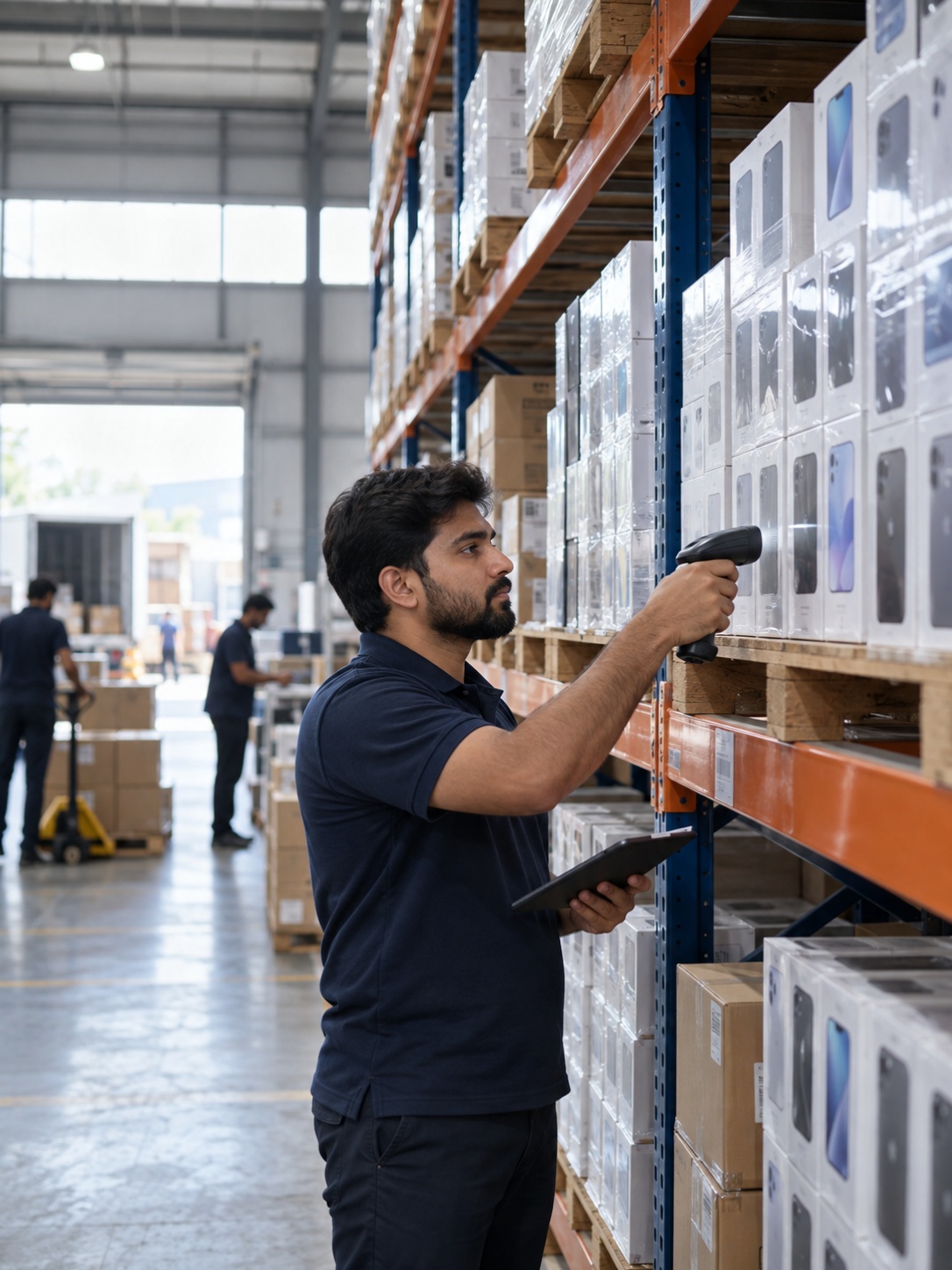 Mobile distribution worker checking warehouse stock